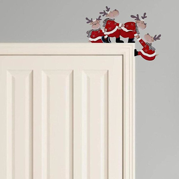 Juldekoration för dörrram - Tomte i trä med älg B 1pcs
