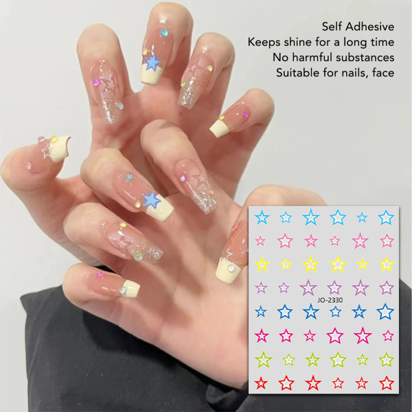 6 ark Star Heart Nail Stickers Selvklebende Mix Farge Ulike mønstre Manikyr Decals