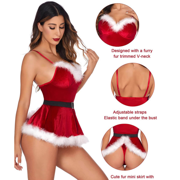 Joulun seksikkäitä alusvaatteita aikuisten Sexy Sling yksiosainen bow joulupuku Red S