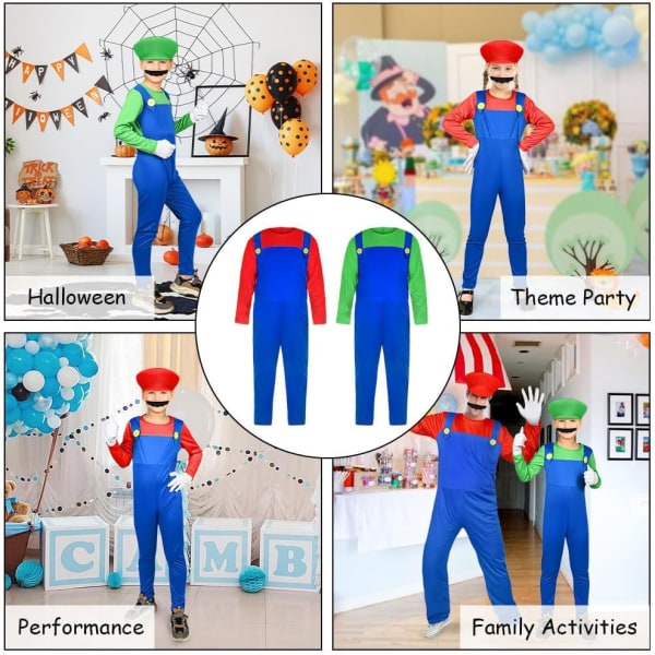 Mario-asu lapsille, 4kpl Mario Fancy Dress -asu Body-puvulla, Mario Cap, Parta ja Käsineet Red-L