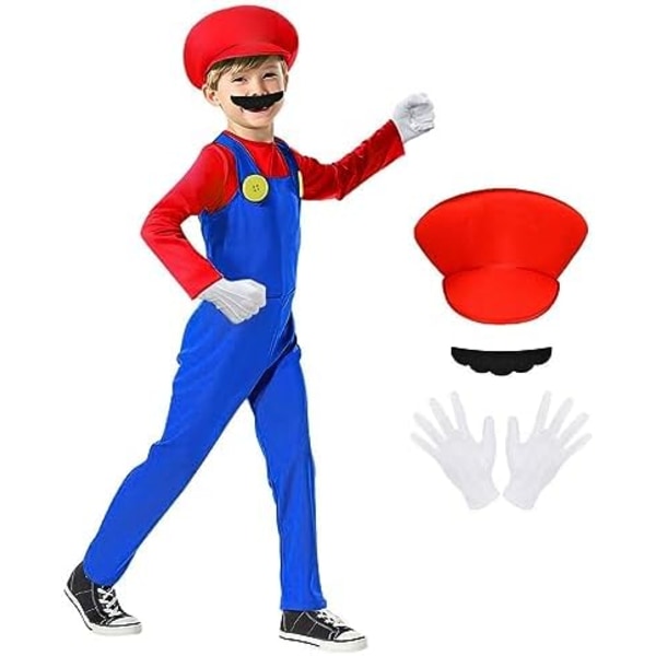 Mario Costume for Kids, 4pcs Mario Fancy Dress Costume with Bodysuit, Mario Cap, Beard and Gloves Red-S