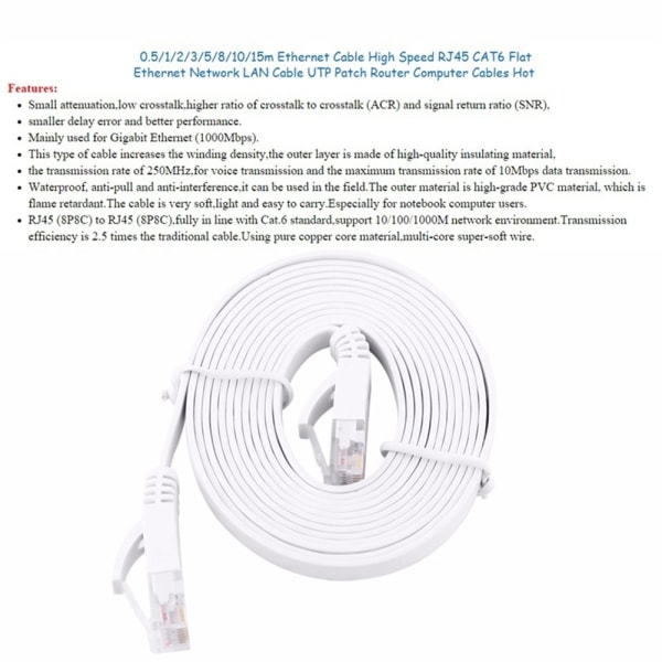 0,5m 1,5m 2m 3m 5m 10m 15m 20m Ethernet-kabel Højhastighed RJ45 CAT6 Flad Ethernet Netværk LAN Kabel UTP Patch Router Computerkabler