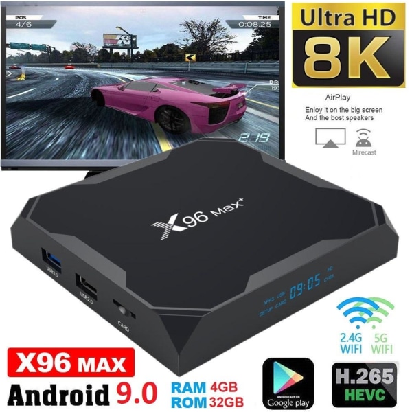 8K Full HD Mediaspiller x96 MAX+ - KODI, WiFi TV-boks IPTV - 9.0 2+16GB