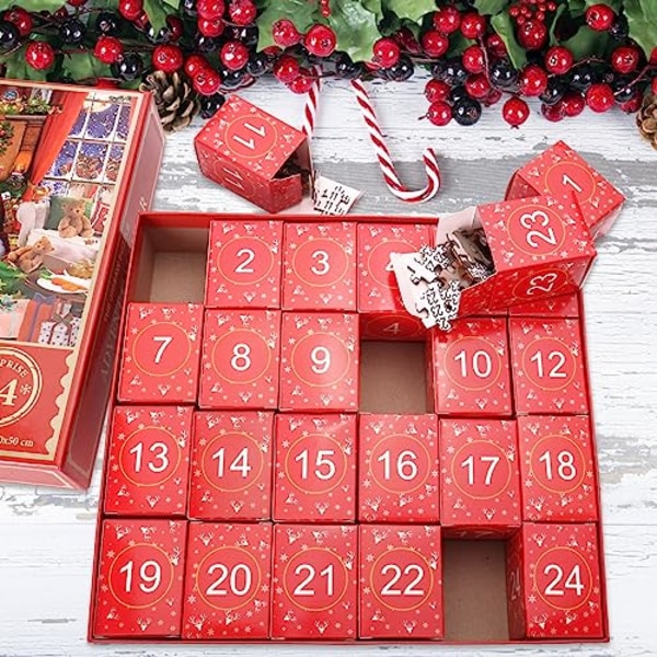 Adventskalender 2023 julpussel - jultomten förbereder presenter, 24 lådor-1008 bitar pussel för barn 1