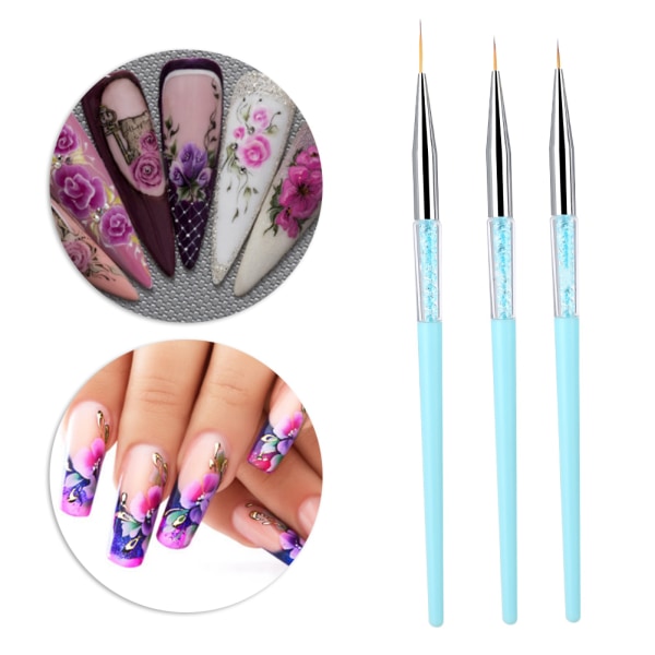 3 stk Nail Art Dotting Liner Pensel UV Gel Maling Pen Tegneverktøysett Rhinestone Håndtak (blå)