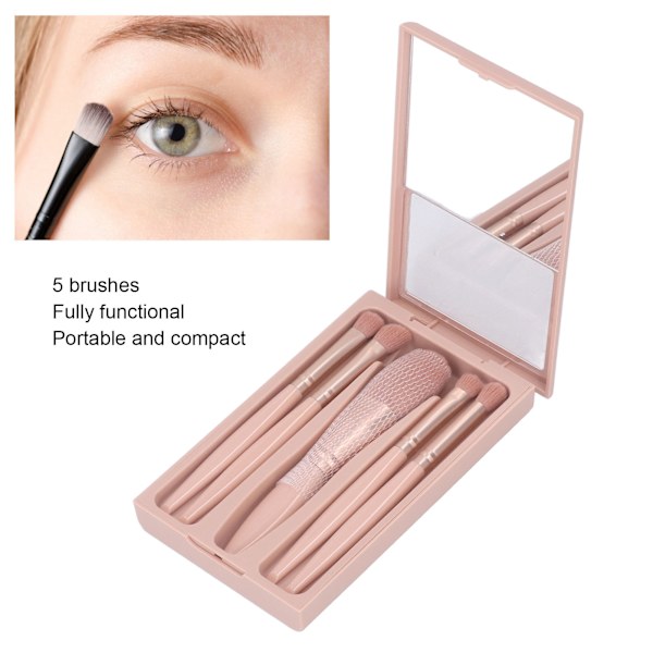 5-pack Sminkborste Set Bärbar Multifunktionell Kosmetisk Borste Set med Spegelask Aprikosrosa