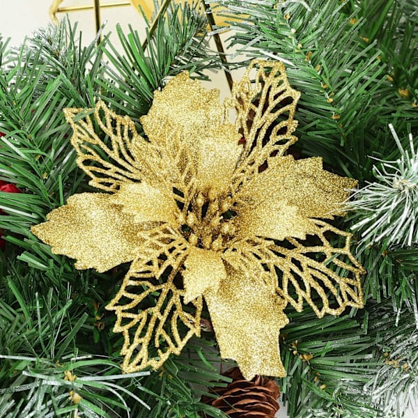 Sunshine smile 12 stykker blomster til julepynt, juledekoration blomster gold