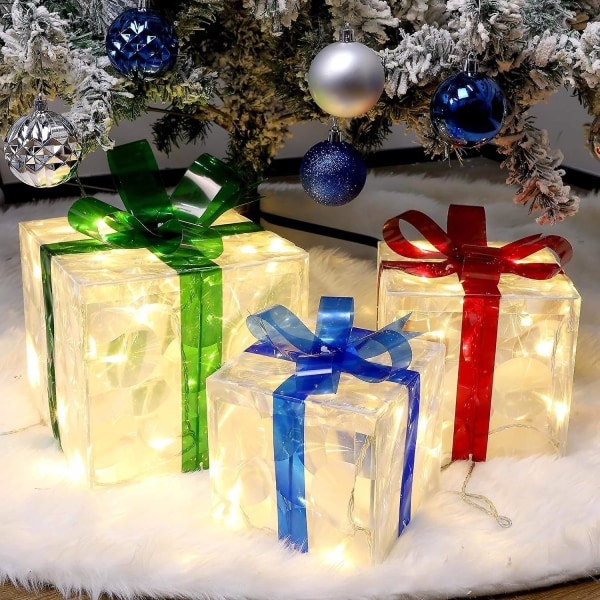 Sett med 3 opplyste gaveesker julepynt, 60 LED-transparente opplyste esker, julehjem 1