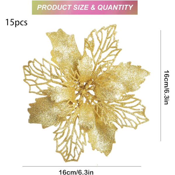 Sunshine smile 12 stycken blommor för julpynt, juldekoration blommor gold