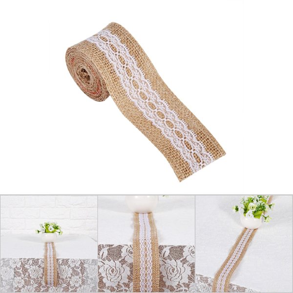 Naturligt Jute Burlap Band med Vit Spets Rustik Stil Bröllop Fest Hantverk Dekoration #4