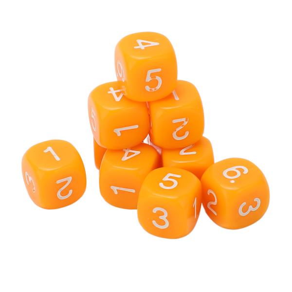 20 kpl 6-sivuista numerokuutiota pyöristetyillä kulmilla, muoviset, lautapeliin ja opetusvälineeksi, oranssit