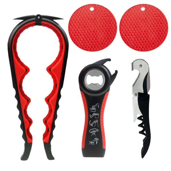 Multifunktionell flasköppnare, burköppnare set, 5-i-1 ölflasköppnare, 4-i-1 flasköppnare, kökslockskruv Black and Red 5pcs