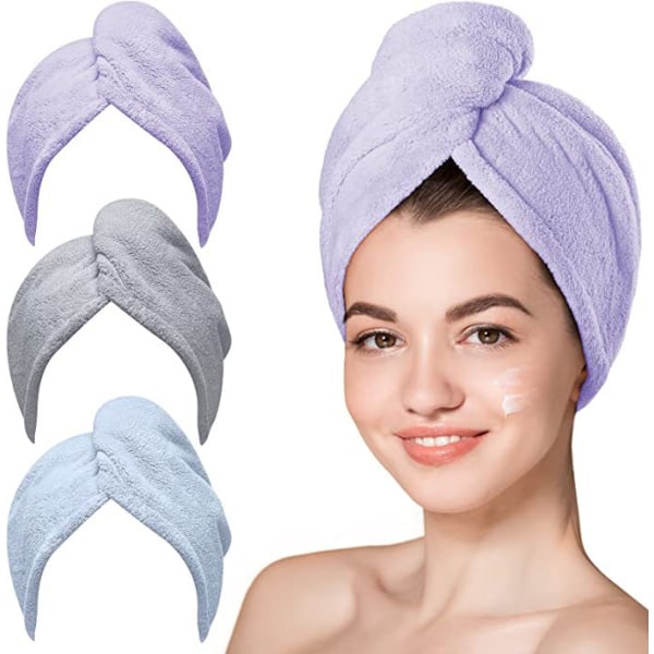3-pack torrt hår handduk, superabsorberande snabbtorkande cap Purple gray blue 25*70cm