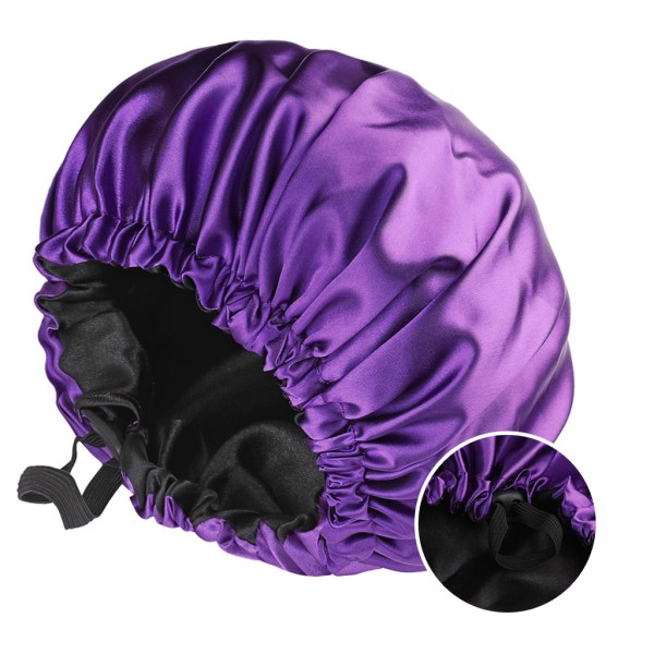 Cap för kvinnor Dubbellagers satin Nattmössa Skönhet och frisör Justerbara knappar Cap Light purple+Black Adjustable