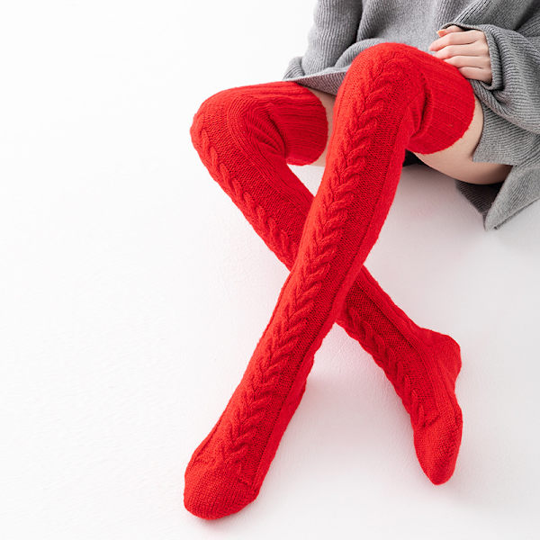 Varma Stickade Knästrumpor Höga Strumpor Lårhöga Red Average Size