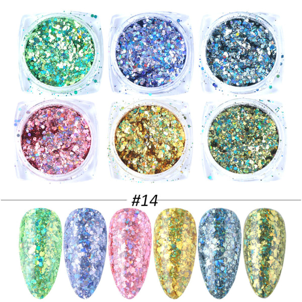 6 stk neglestickers Farver Glitter Sæt Efterår og Vinter Diamant in the Debris Pink Champagne Pailletter Negle Glitter Nail M