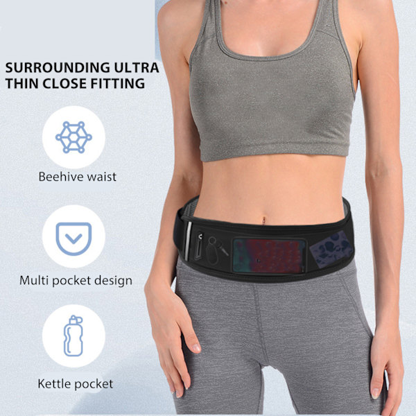 Löparmidjeväsk Multipla Fack Elastisk Andningsbar Tunn Lätt Jogging Midjebälte med Reflekterande Remsa Svart Melange