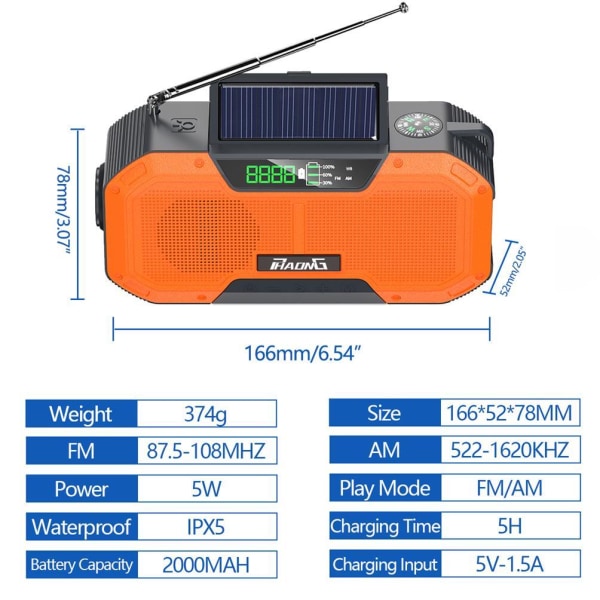 Vevradio 2000mAh Powerbank, Vattentät, LCD-näyttö, Aurinkokennot, Fi