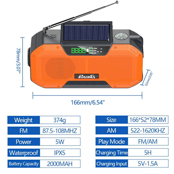 Vevradio 2000mAh Powerbank, Vattentät, LCD-Skärm, Solceller, Ficklampa
