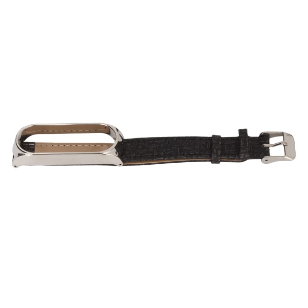 Læder Urremme Hurtig Udskiftning Læder Urremme Flettet Mønster Armbånd med Metal Spænde til Xiaomi Mi Band 6 (Sort Sølv)
