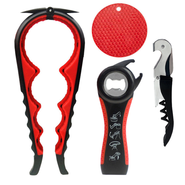 Multifunktionell flasköppnare, burköppnare set, 5-i-1 ölflasköppnare, 4-i-1 flasköppnare, kökslockskruv Black and Red 4pcs