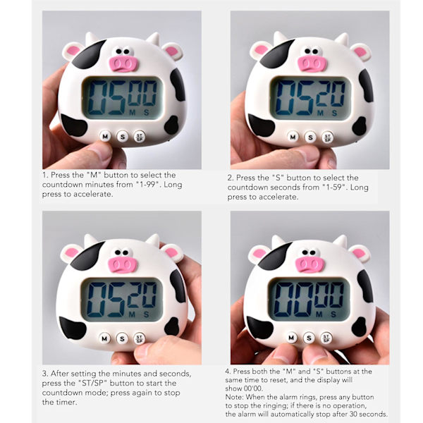 Digital Kökstimer Uppräkning Nedräkning Cartoon Djurljud Blinkande Alarm Enkel Användning med Stativ för Matlagning Undervisning Vit Ko