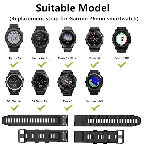 Vaihtohihnat yhteensopivat Garmin Fenix 7X/Fenix 6X GPS/Fenix 6X PRO -kelloille, silikoninen hihna 26 mm, pikalukitus, työkalu mukana