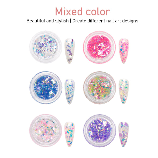 6 æsker neglekunst glitterpulver blandet farve manicure dekoration pailletter flager til neglesalon