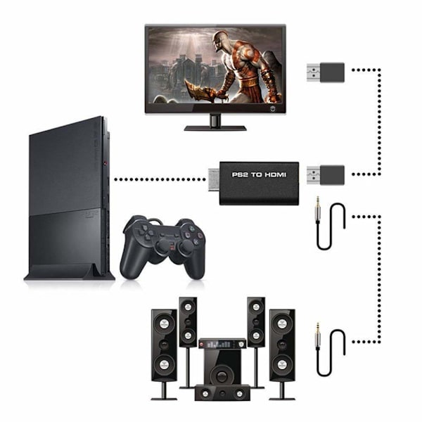 PS2 til HDMI-adapter med 3,5 mm lydoutput til HDTV/HDMI-skærme