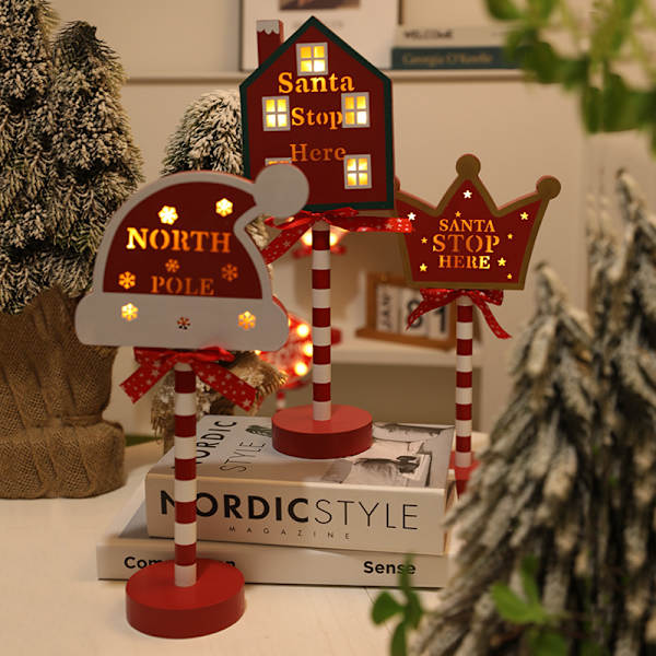 Julevejskilt Stop Dekorative Lys Træ Juleferie Vindue Desktop Atmosfære Led Farvet Lampe Warm Light Christmas hat