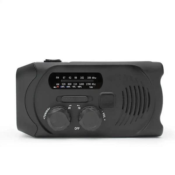 Käsikäyttöinen radio aurinkokennoilla, taskulamppu ja 2000 mAh virtapankki