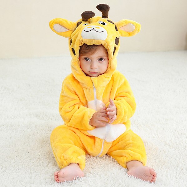 Flanellpysjamas for barn, dyre-jumpsuit giraffe L（80-90cm）