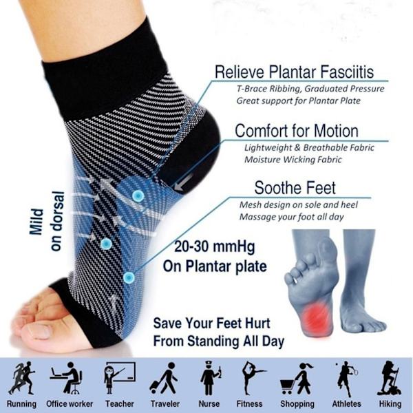 2 par fotsockor Plantar fasciit kompressionssockor L/XL