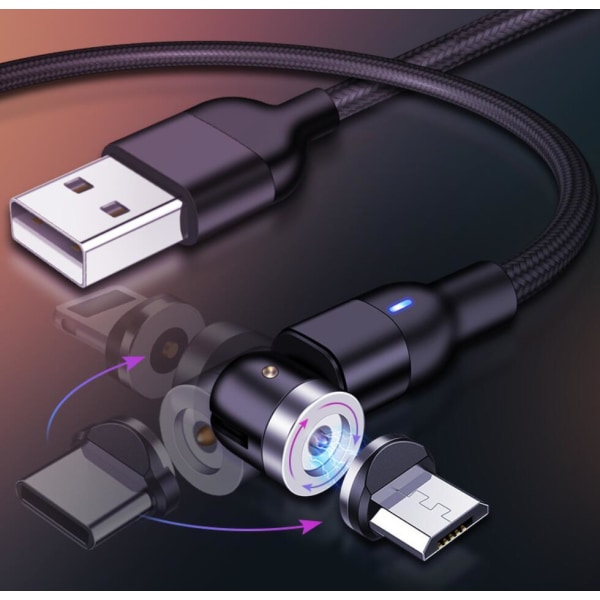 Magnetisk kabel, Lightning + Micro USB + USB-C, 3A Svart