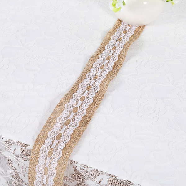 Naturlig Jute Burlap Bånd med Hvid Blonder Rustik Stil Bryllup Fest Håndværk Dekoration #5