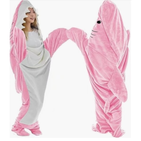 Vuxen supermjuk flanellhuvtröja Shark Sovsäck Bärbar lös pyjamas i ett stycke Pink 190cm(190 * 90cm)