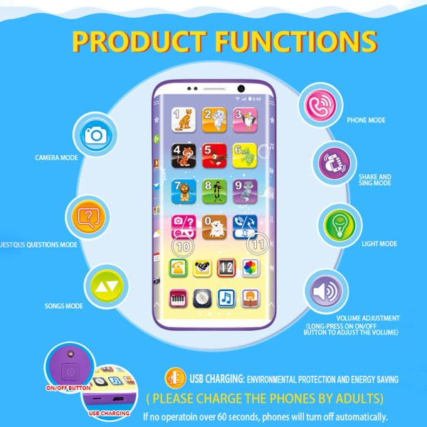 Smarttelefonleker for barn - Utdannende leketøy med USB-port og berøringsskjerm for barn, småbarn og babyer