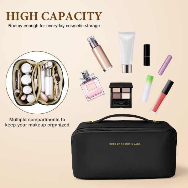 Kosmetikväska i högkvalitativ PU-läder, resväska, kosmetikaväska med stor kapacitet, delade fack black 32.5*22*2.3 cm