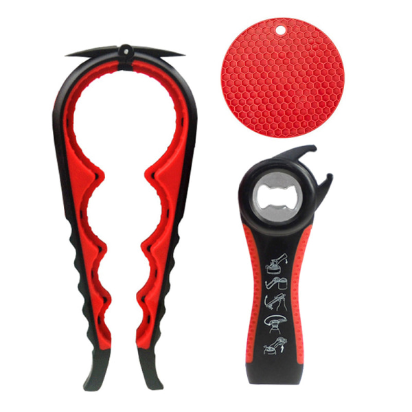 Multifunktionell flasköppnare, burköppnare set, 5-i-1 ölflasköppnare, 4-i-1 flasköppnare, kökslockskruv Black and Red 3pcs