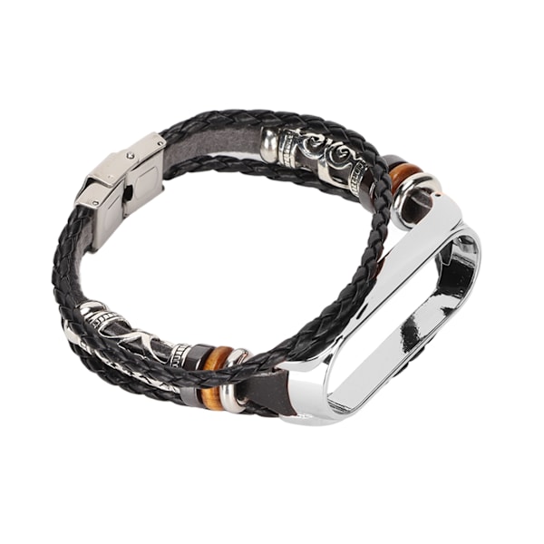 Læderrem Kompatibel med Xiaomi Mi Band 6 Armbånd Etnisk Stil Retro Urrem Armbånd Sort og Sølv