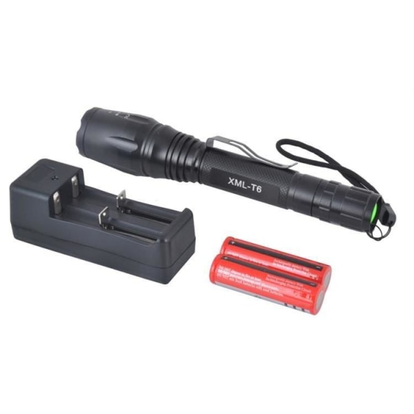 Lommelykt LED Cree XML-T6 + 2 Batterier + Lader Svart