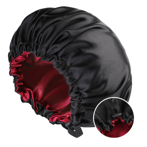 Naisten cap Kaksikerroksinen satiininen yömyssy kauneus- ja kampaamokäyttöön säädettävällä cap. Black+Red Adjustable