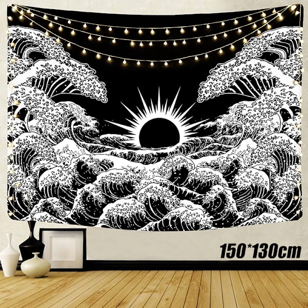 Väggmålningstapet med svartvit solnedgång, boho väggkonstposter