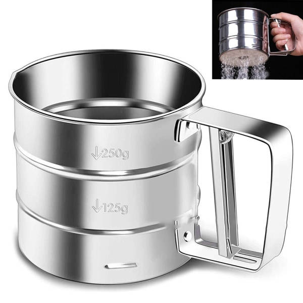 Rostfritt Stål Baknings Shaker Siktkopp Nätvev Flour Sifter med Mätningsskala