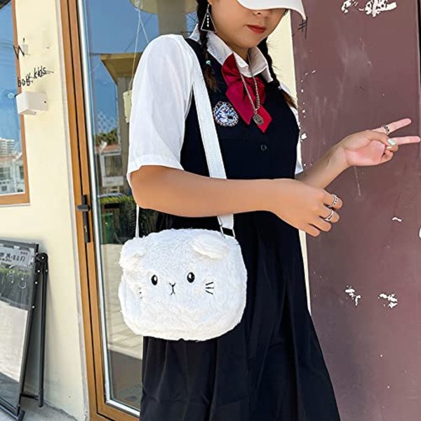 Jenteveske, prinsesseskulderveske, liten plysjveske, crossbody-veske for jenter, crossbody-veske med katteformet skulder white