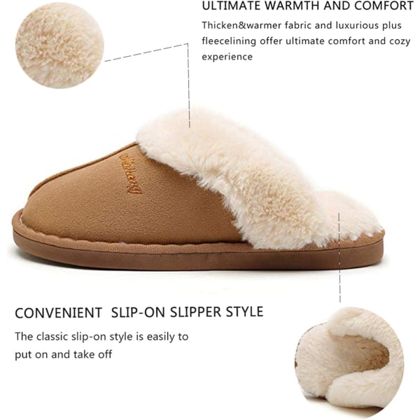 Dames tøfler Vinter Varme Minneskum Fluffy Slip-on /Anti-Sklisåle, Hjemmesko Innendørs Og Utendørs Light brown 40.5/42 EU