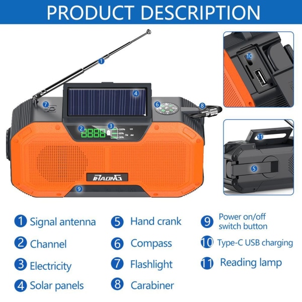 Vevradio 2000mAh Powerbank, Vattentät, LCD-näyttö, Aurinkokennot, Fi