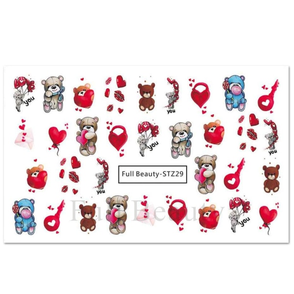 L Nagelklistermärken Romantiskt björnkärleksbrev med hjärtat, kärleksträd vattenstämpelklistermärken FB-STZ25