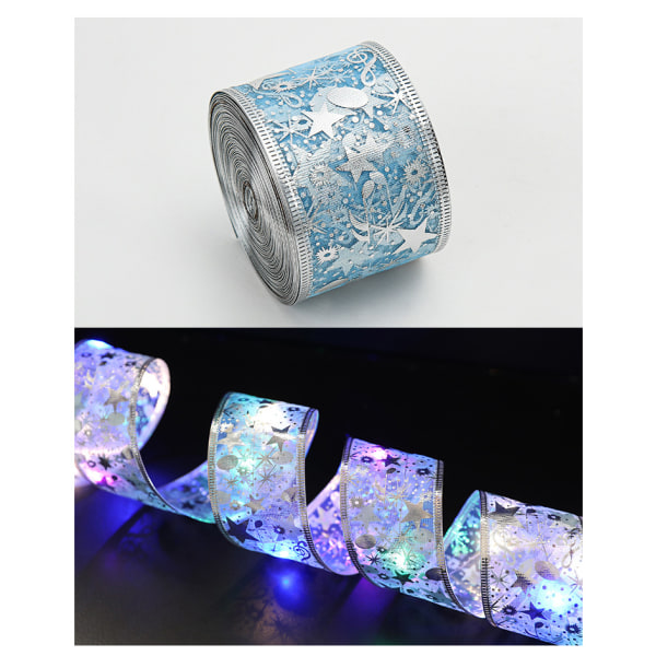 Christmas Double Layer Bronzing Printed Copper Wire Lighting Chain Ribbon Five-Pointed Star Luminous Ribbon Blue/2 M/Battery