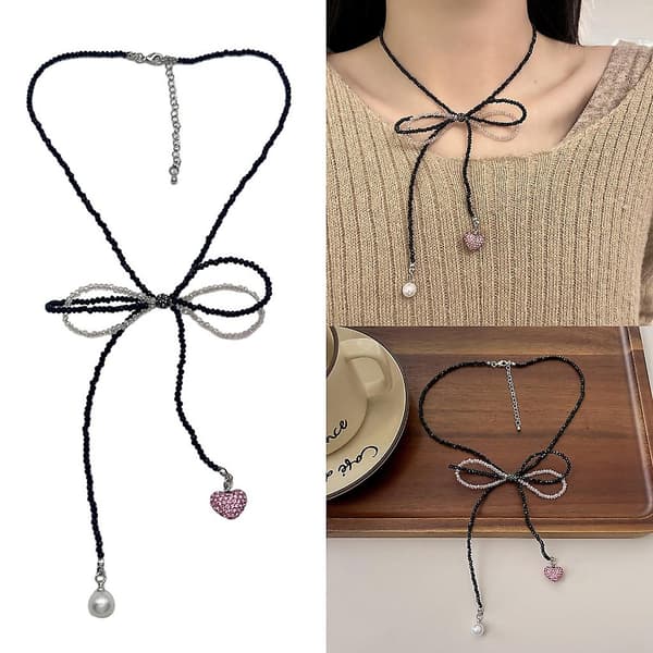 Boho Pink Black Perle Halskæde Sløjfe-snøreben Kædeben Kæde Sød Cool Choker